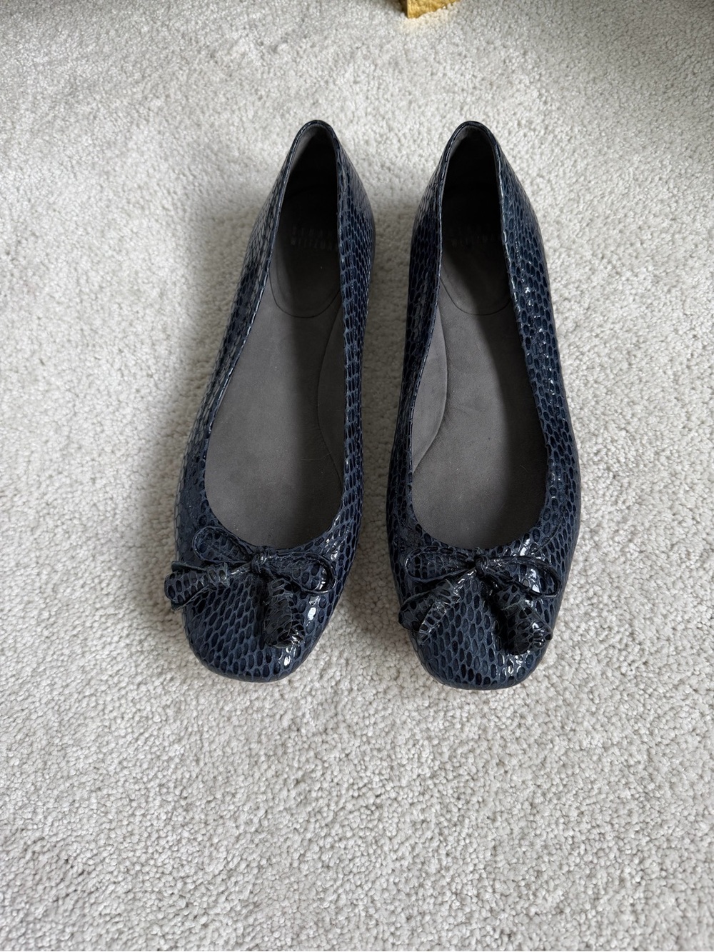 Stuart Weitzman Navy Snake-Embossed Ballet Flats with Bow Accent
